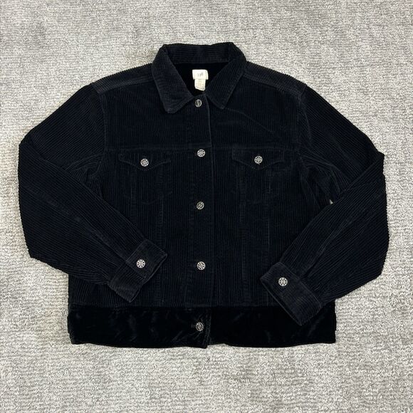 J Jill Corduroy Jacket Womens Medium Tall Velvet Trim Black Button Front Pockets - Picture 1 of 7